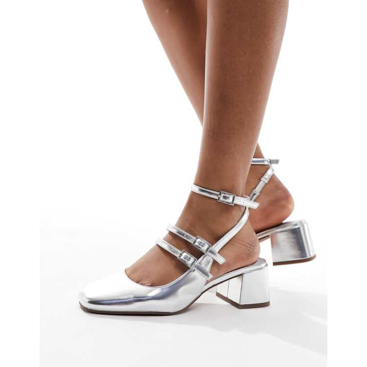 ASOS DESIGN Soccer mid block heeled mary jane shoes in silver