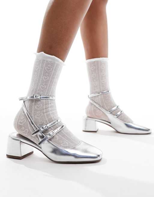 ASOS DESIGN Soccer mid block heeled mary jane shoes in silver