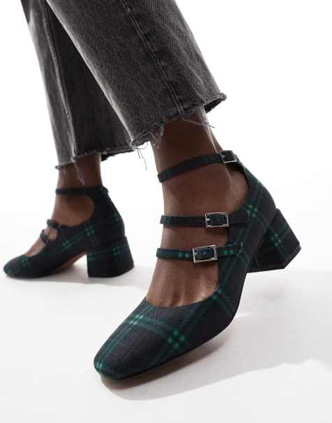 ASOS DESIGN – Socco – Grönrutiga Mary Jane-skor med halvhög klack - view 1