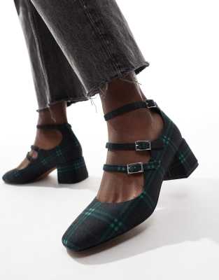 ASOS DESIGN Socco mid heeled mary jane shoes in green check-Multi