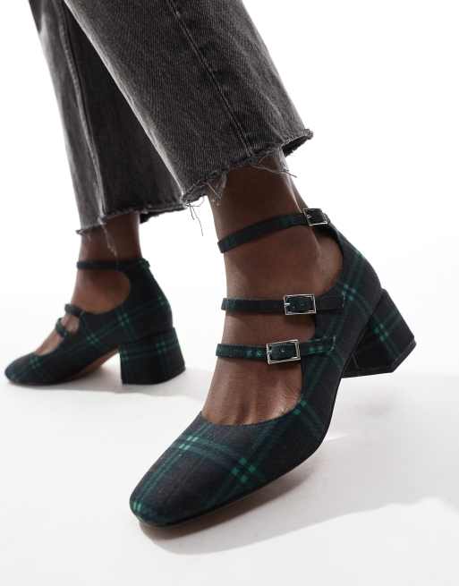 ASOS DESIGN Socco mid heeled mary jane shoes in green check