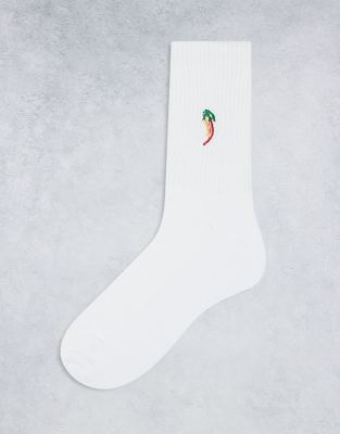 Asos Design Sock With Chili Pepper Artwork In White