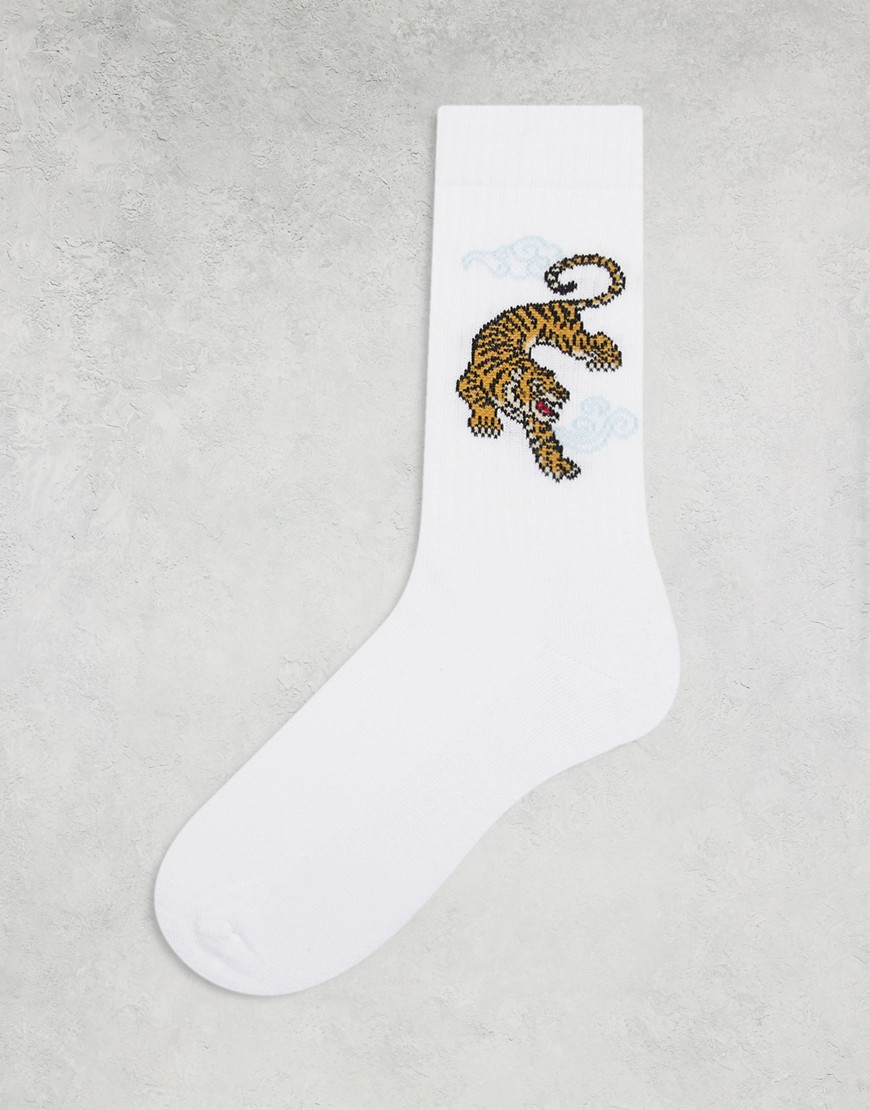 ASOS DESIGN sock with tiger embroidery in white