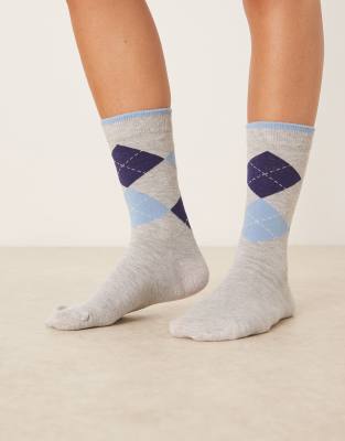 ASOS DESIGN - Socken in grau meliert mit Rautenmuster in Marineblau und Blau