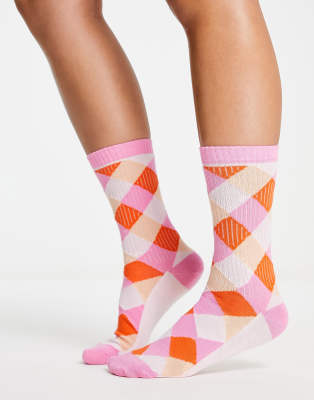 ASOS DESIGN - Socken in Rosa und Orange kariert-Bunt