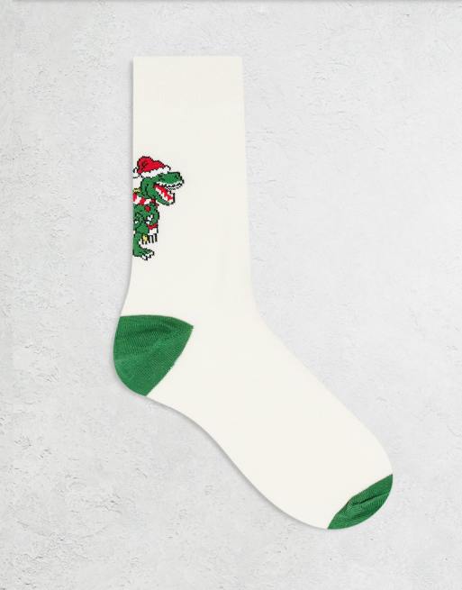 ASOS DESIGN – Socken in Weiß und Grün mit weihnachtlichem Dinosaurier-Motiv