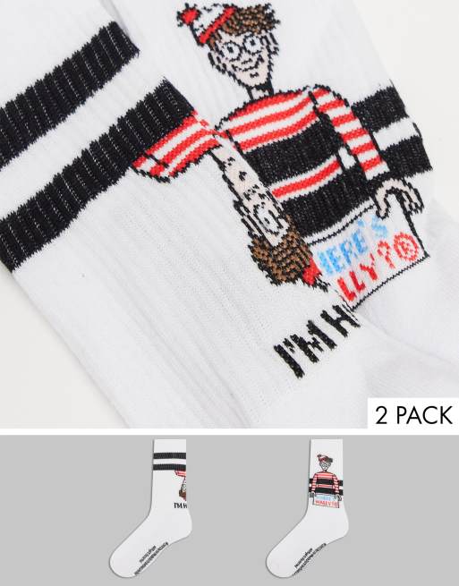 ASOS DESIGN – Socken mit <em>Where's Wally</em>-Logo in Weiß im 2er-Pack