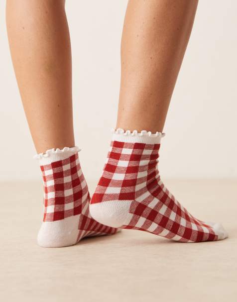 ASOS DESIGN – Socken mit Vichy-Karos in Rot und Rüschenkante - view 1