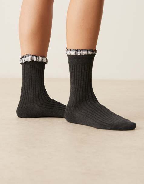 ASOS DESIGN socks in charcoal grey with check pattern frill top - view 1