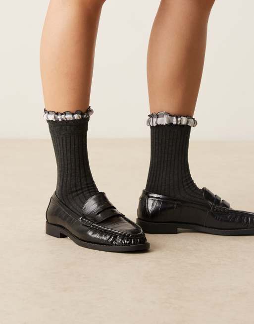 ASOS DESIGN socks in charcoal grey with check pattern frill top, 2 of 3