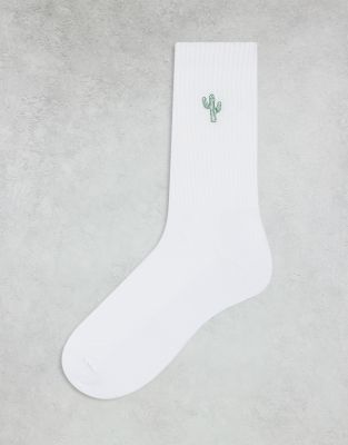 socks with cactus embroidery in white