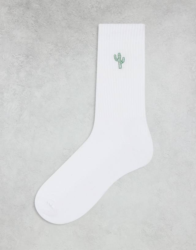 ASOS DESIGN - socks with cactus embroidery in white