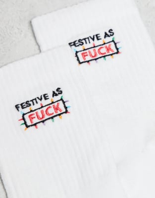 Asos Design Socks With Christmas Festive As Fuck Embroidery In White