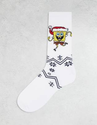 ASOS DESIGN socks with Christmas Spongebob artwork in white