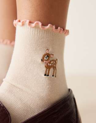 Asos Design Socks With Deer Embroidered Design And Frills In Gray