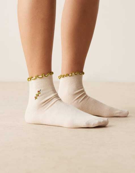 ASOS DESIGN socks with embroidered olive design and frill edge in cream - view 1