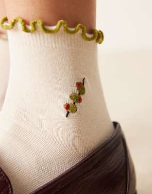 Asos Design Socks With Embroidered Olive Design And Frill Edges In White