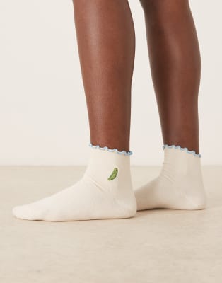 Asos Design Socks With Embroidered Pickle Design And Ruffled Edge In White