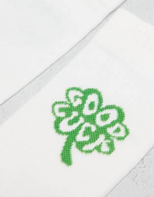 Asos Design Socks With Lucky Clover Embroidery In White