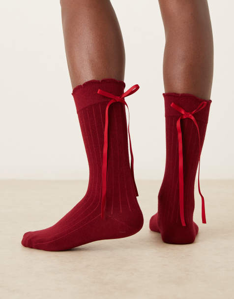 ASOS DESIGN socks with ribbon detail in wine red - view 1