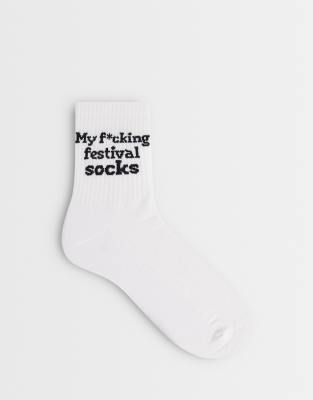 Asos Design Socks With Swear Word Festival Graphic In White