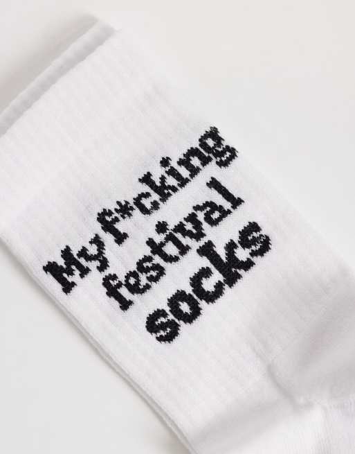 ASOS DESIGN socks with swear word festival graphic in multi, 2 of 3
