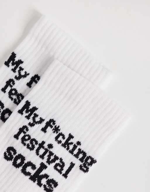 ASOS DESIGN socks with swear word festival graphic in multi, 3 of 3