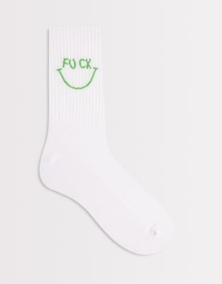 Asos Design Socks With Swear-word Smile Graphic In White