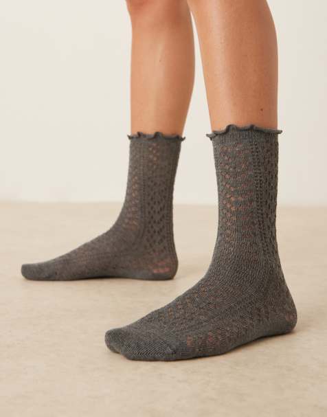 ASOS DESIGN - Socquettes en maille pointelle à bord volanté - Gris anthracite - view 1