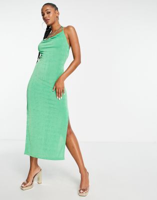 ASOS DESIGN - Soepele midaxi strandjurk met gestrikte schouderbanden en gedrapeerde halslijn in groen 