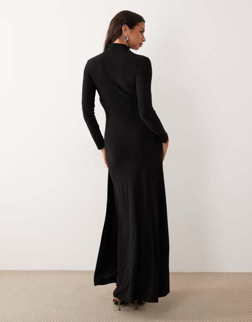 ASOS DESIGN - Soepelvallende gedrapeerde maxi jurk met afwerking in zwart, 2 van 4