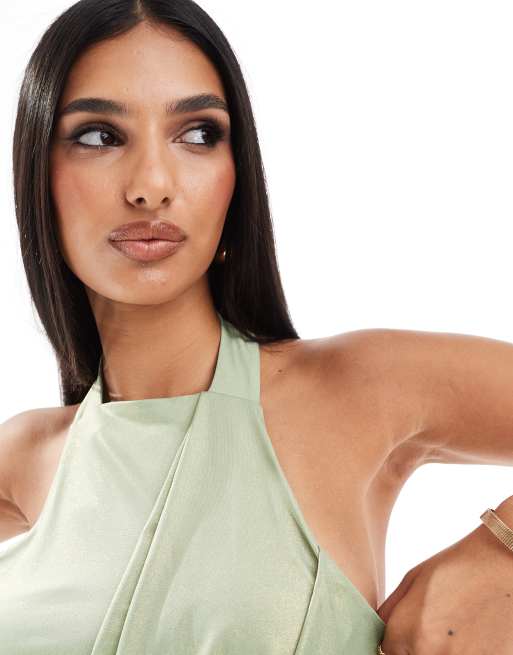 ASOS DESIGN slinky shimmer halter midi dress with drape skirt in sage