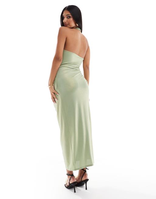 ASOS DESIGN slinky shimmer halter midi dress with drape skirt in sage