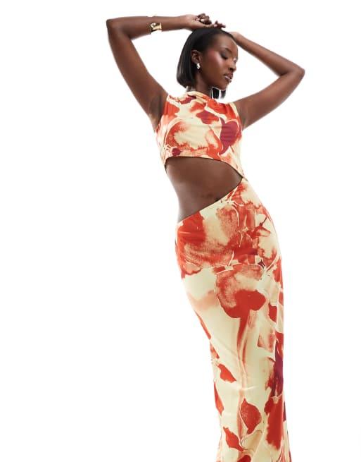 ASOS DESIGN Soepelvallende maxi jurk met uitsnijding en oversized bloemenprint in oranje