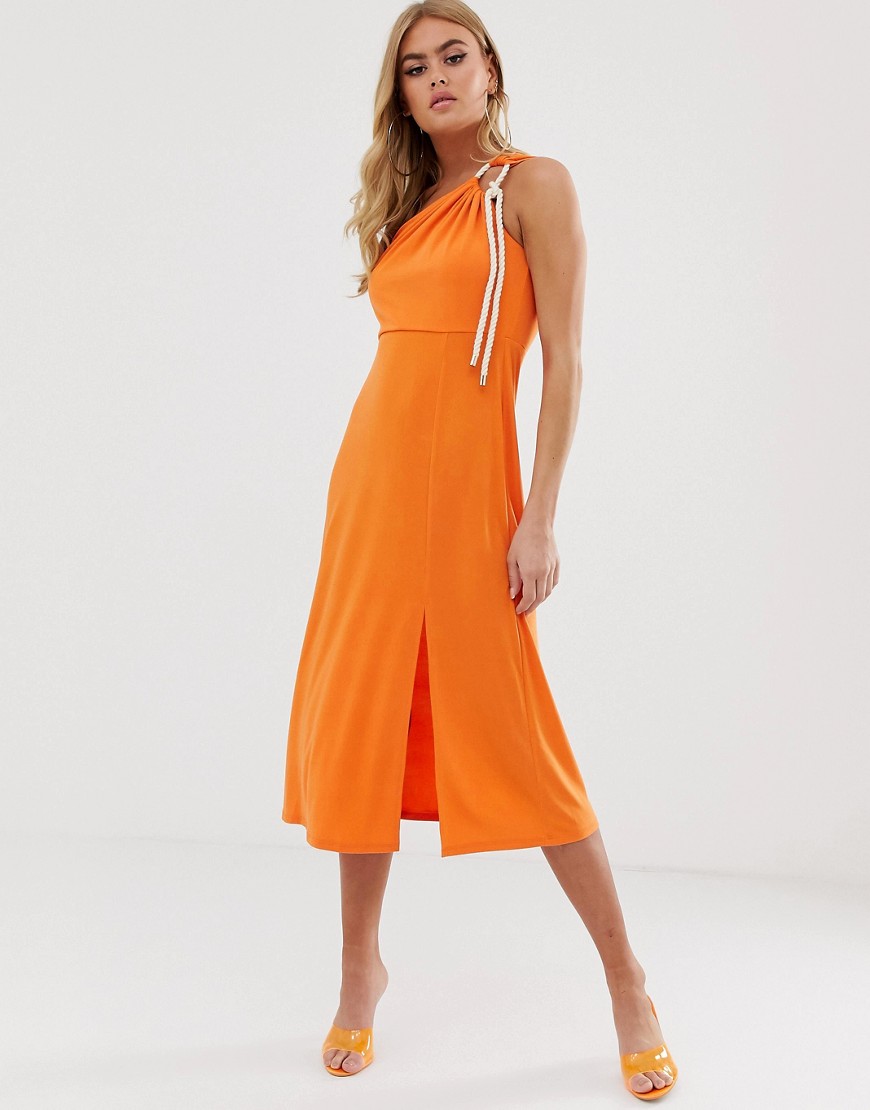 ASOS DESIGN - Soepelvallende midi-jurk met blote schouder en koorddetail-Oranje