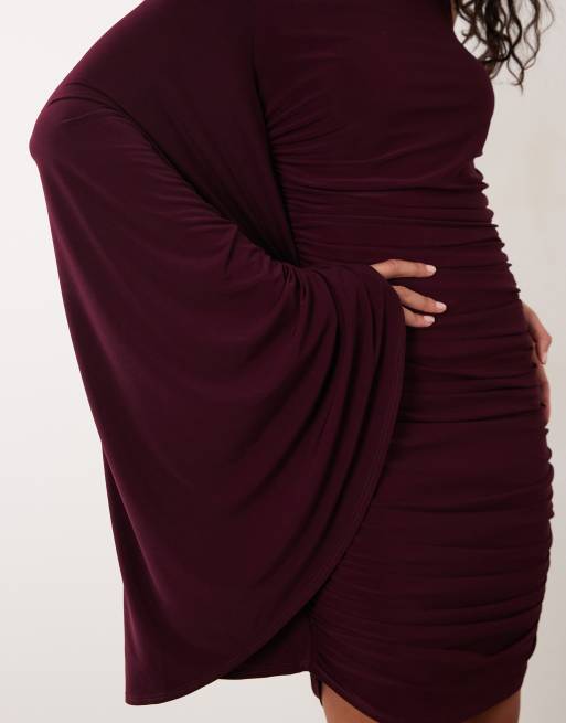 ASOS DESIGN soepelvallende one-shoulder mini-jurk met batwing en hoge hals in pruim, 4 van 4