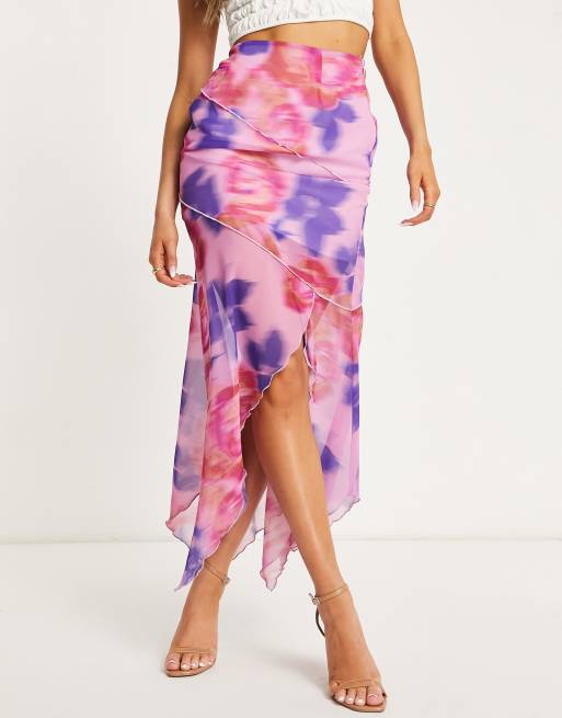 ASOS DESIGN soft asymmetric hem midi skirt with lettuce edge in blur floral