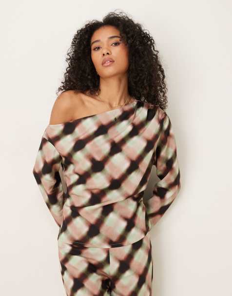ASOS DESIGN soft asymmetric top co-ord with ruched detail in blurred check - view 1