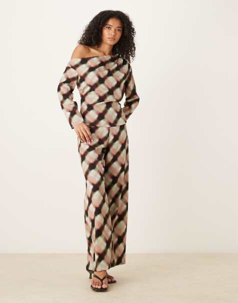 ASOS DESIGN soft asymmetric top with ruched detail & clean front wide leg pants set in blurred plaid - view 1