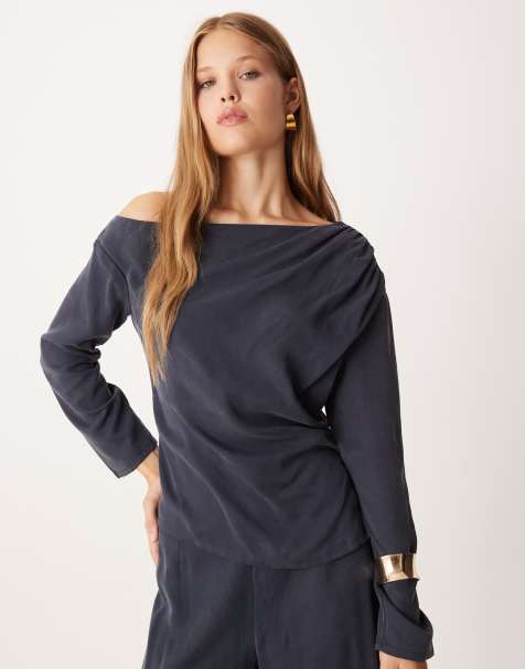 ASOS DESIGN soft asymmetric top with ruched detail in washed ink (part of a set) - view 1