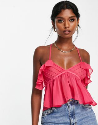 ASOS DESIGN soft babydoll cami with ruffle in hot pink