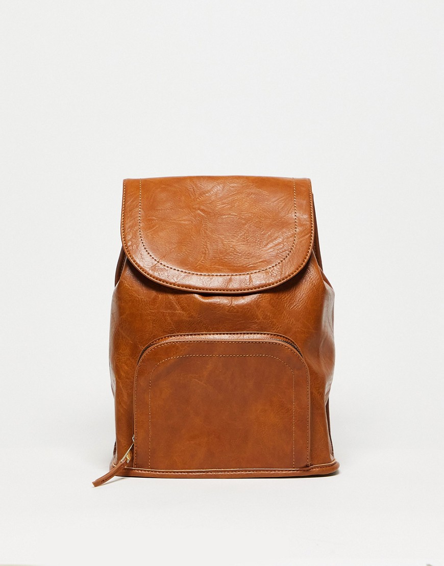 ASOS DESIGN soft backpack with zip front pocket in tan-Brown
