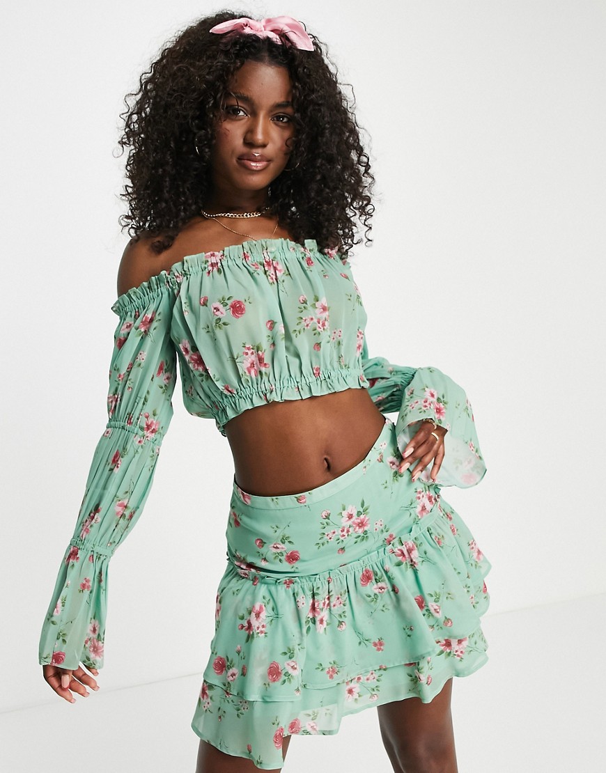 ASOS DESIGN soft bardot elasticated sleeve crop top co-ord in pretty floral-Multi