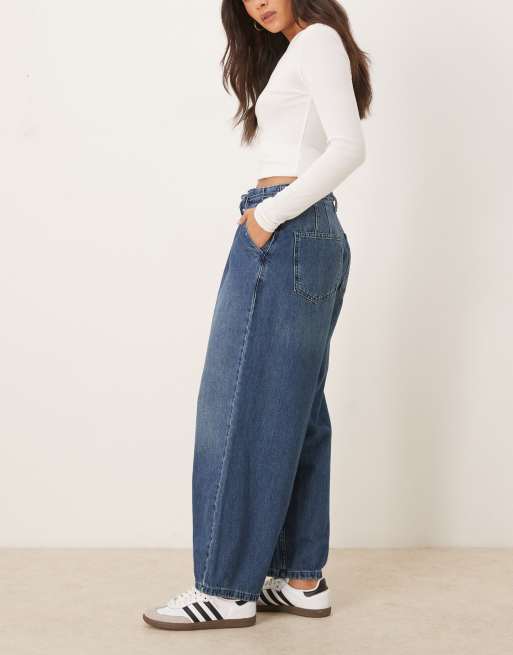ASOS DESIGN soft barrel leg jeans with belt in dark vintage wash, 3 of 5