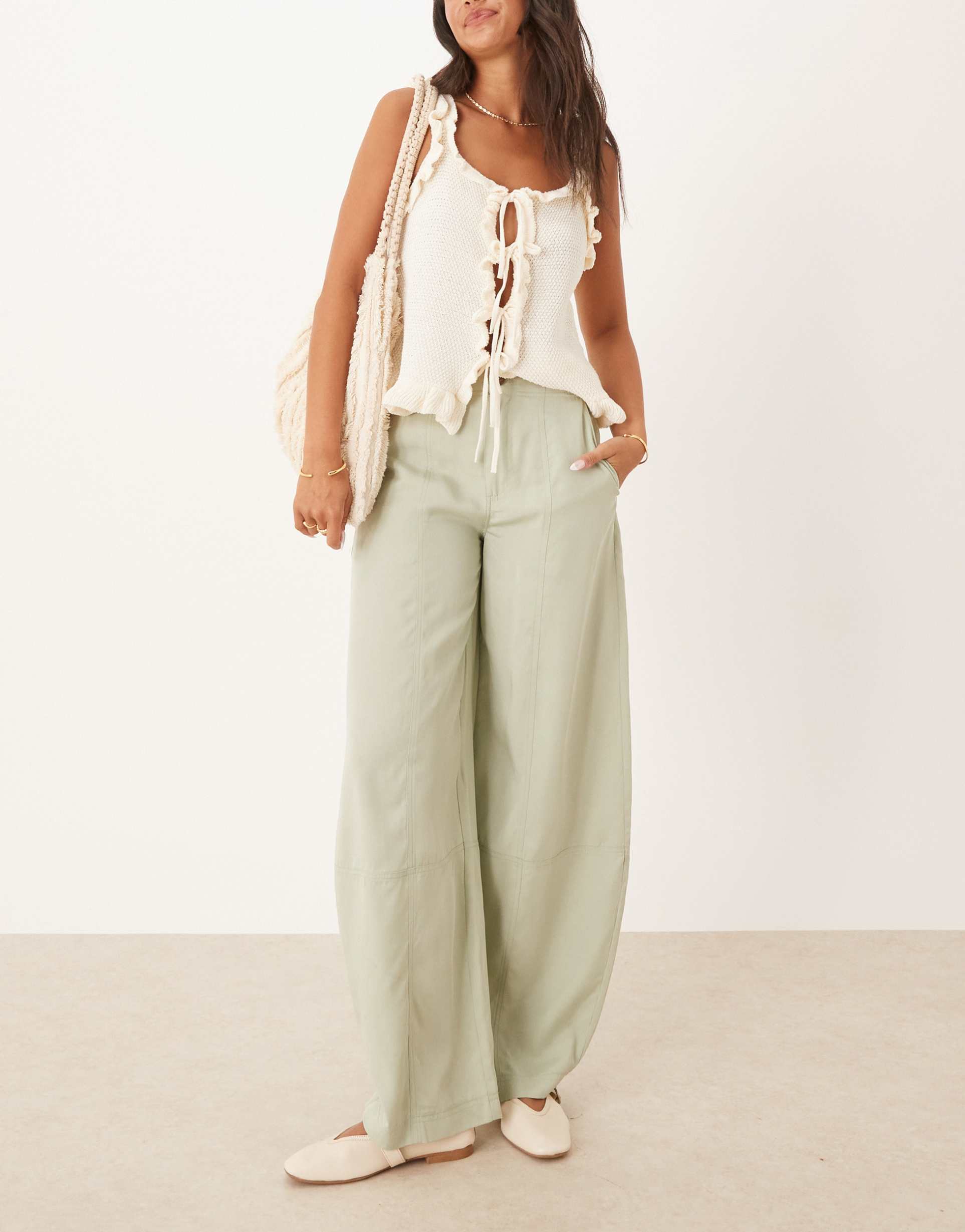 asos design soft barrel leg pants with seam detailing in sage