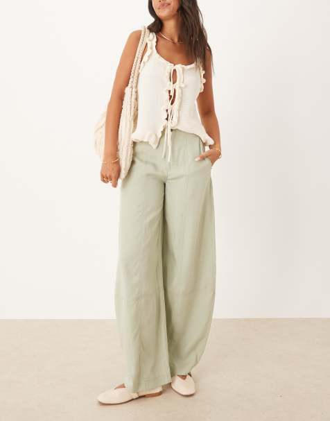 ASOS DESIGN soft barrel leg trousers with seam detail in sage - view 1