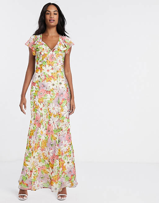 ASOS DESIGN soft bias maxi dress with ruffle in vintage floral print strawberry fields