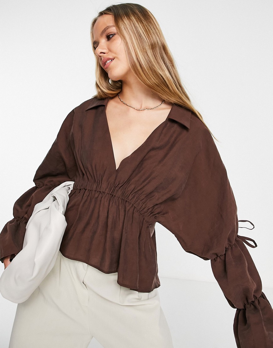 ASOS DESIGN soft blouse with volume tie sleeve in chocolate-Brown