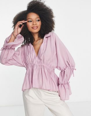 ASOS DESIGN soft blouse with volume tie sleeve in mauve | ASOS