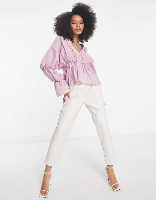 ASOS DESIGN soft blouse with volume tie sleeve in mauve